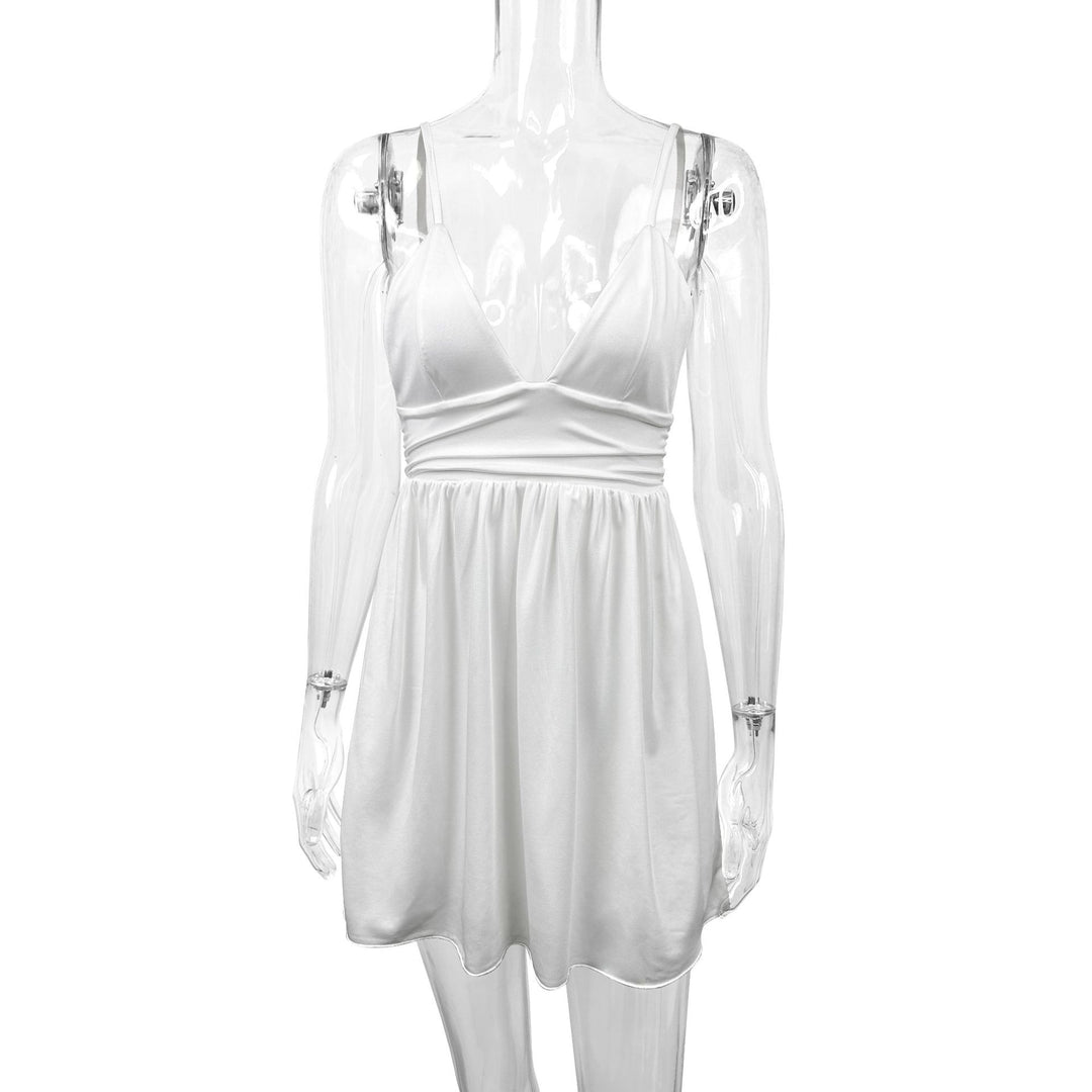 Damen Sommerliches V-Ausschnitt Kleid mit verstellbaren Spaghetti-Trägern und elastischer Taille R&B