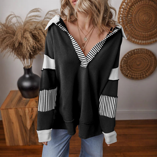 Damen lässiger Pullover mit Hemdkragen und gestreiften Ärmeln R&B