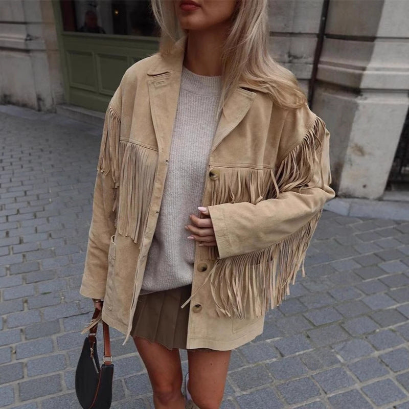 Damen Wildlederjacke mit Fransen und oversized Schnitt R&B