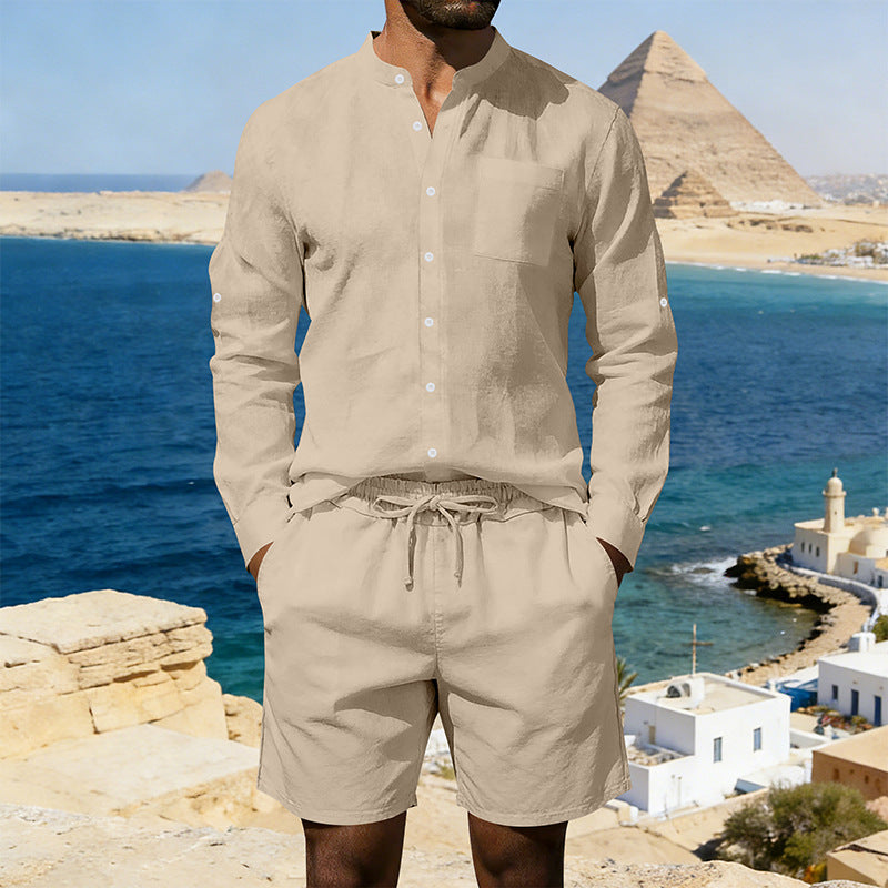 Herren nan sommerliches Leinen-Set mit Stehkragenhemd und Kordelzug-Kurzhose R&B