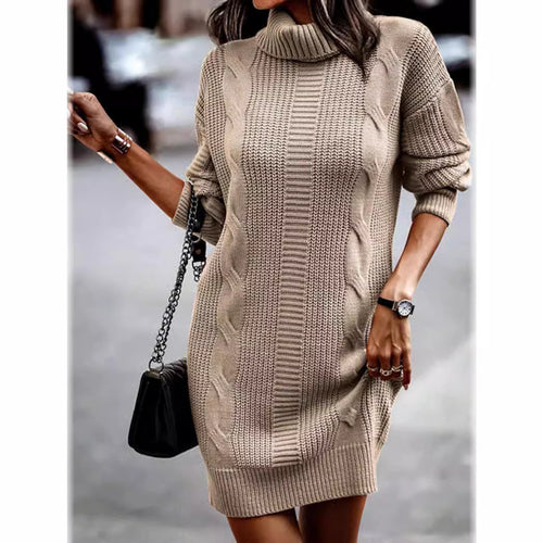 Damen Strickkleid mit Rollkragen und Zopfdesign R&B