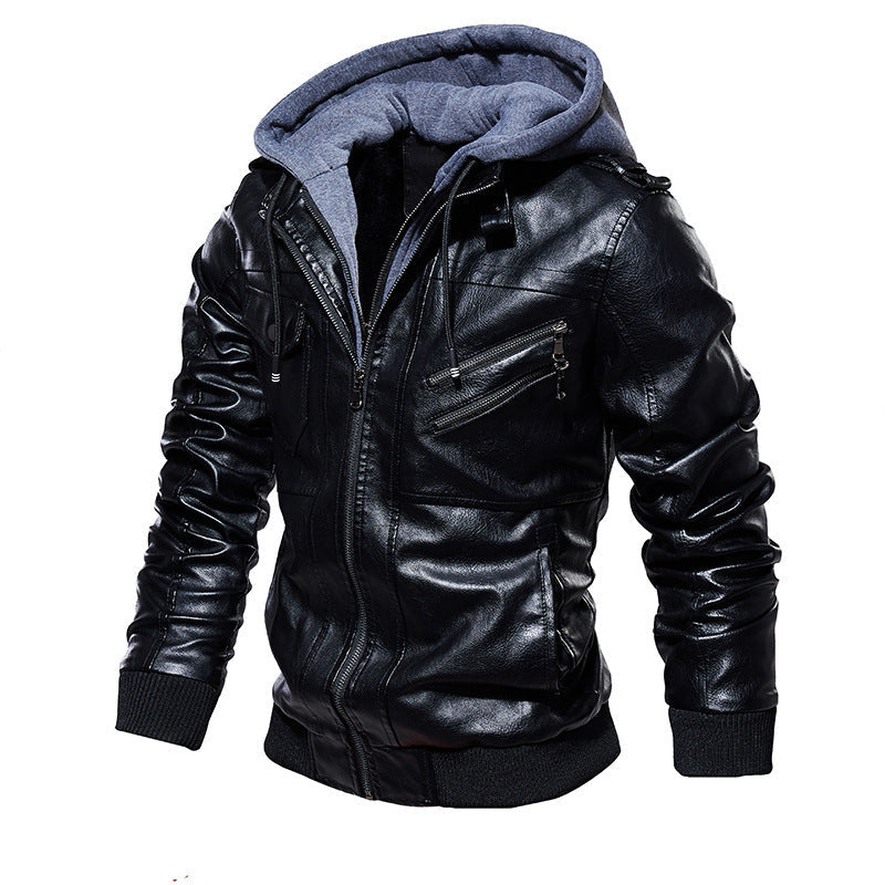 Herren lässige Kunstlederjacke mit abnehmbarer Kapuze und zahlreichen Taschen R&B
