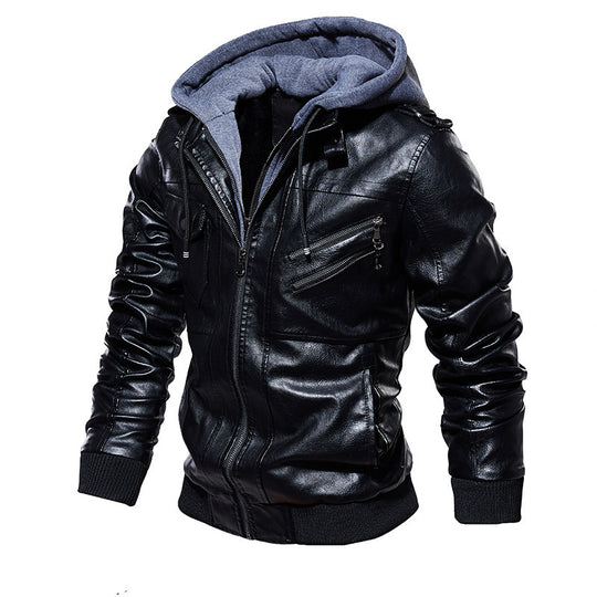 Herren lässige Kunstlederjacke mit abnehmbarer Kapuze und zahlreichen Taschen R&B