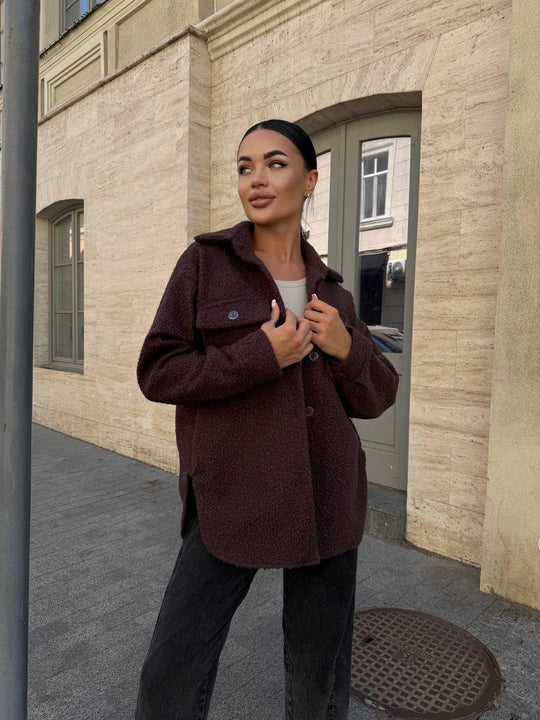 Damen Fluffy Overshirt im Lagenlook mit praktischen Taschen und dezentem Knopfverschluss R&B