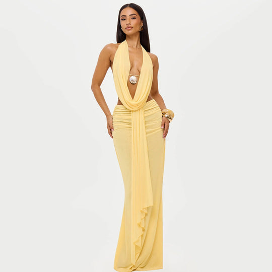 Damen Elegantes Strandkleid mit tiefem Ausschnitt und fließendem Stoff R&B