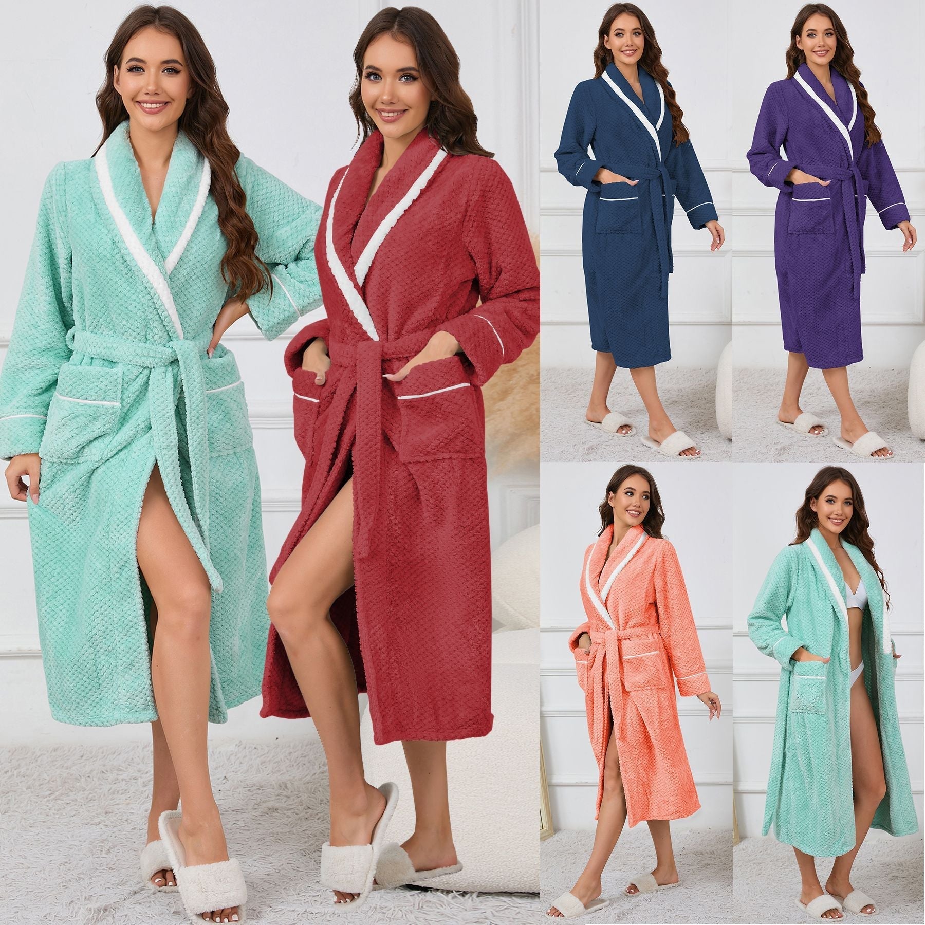 Damen Kuscheliger Bademantel mit Hohen Taschen und Gürtel R&B