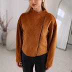 Damen Trendige Kurzjacke im lässigen Biker-Stil mit asymmetrischem Reißverschluss und tiefem Kragen R&B