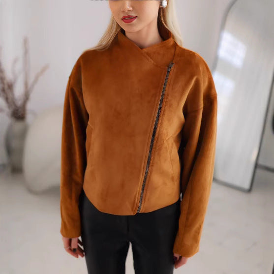 Damen Trendige Kurzjacke im lässigen Biker-Stil mit asymmetrischem Reißverschluss und tiefem Kragen R&B