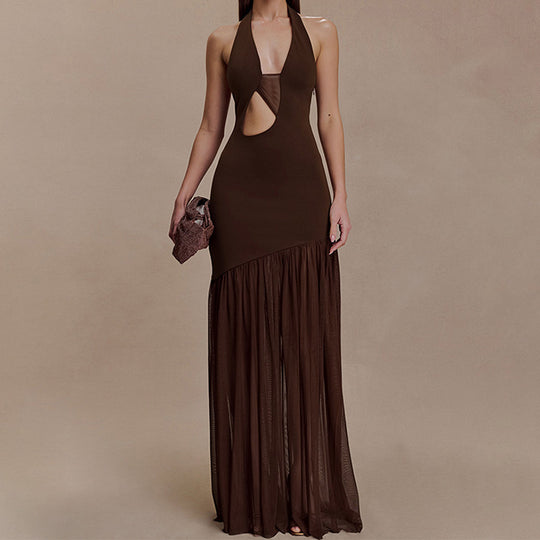 Damen Elegantes Maxikleid mit asymmetrischem Schnitt und tiefem V-Ausschnitt R&B