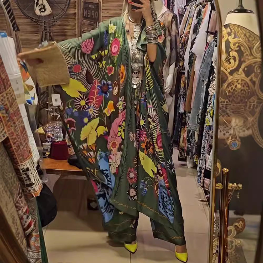 Damen nan extravagantes Maxi-Kaftan-Zweiteiler mit weitem Kimonoärmel, ausgestellter Palazzohose und ausdrucksstarkem Floralprint R&B