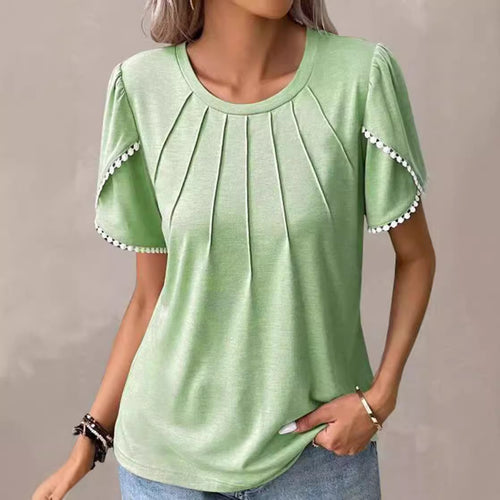 Damen nan Rundhals-Shirt mit dekorativer Kellerfalten-Front, Flatterärmeln und Pompon-Borte R&B