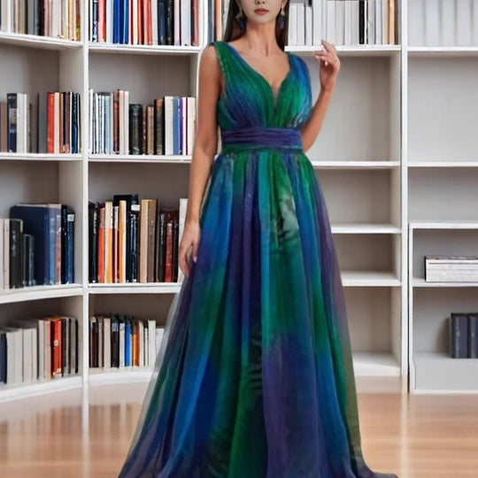 Damen Elegantes Abendkleid mit schimmernden Tüll-Lagen und tiefem V-Ausschnitt R&B