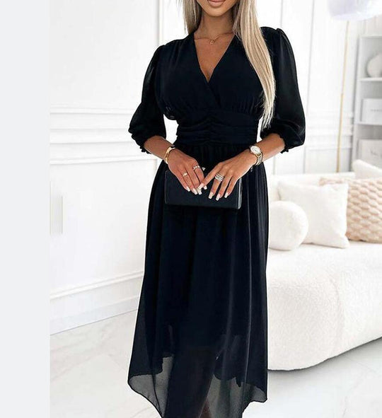 Damen Midikleid mit raffiniertem V-Ausschnitt und Puffärmeln R&B