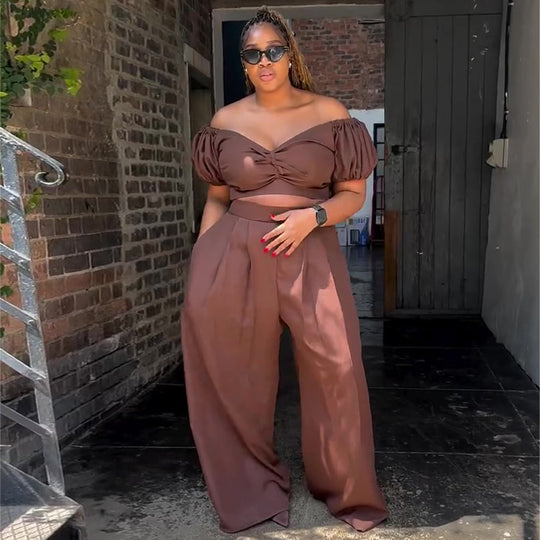 Damen Crop-Top und Palazzo-Hosen Set mit voluminösen Ärmeln und eleganten Falten R&B