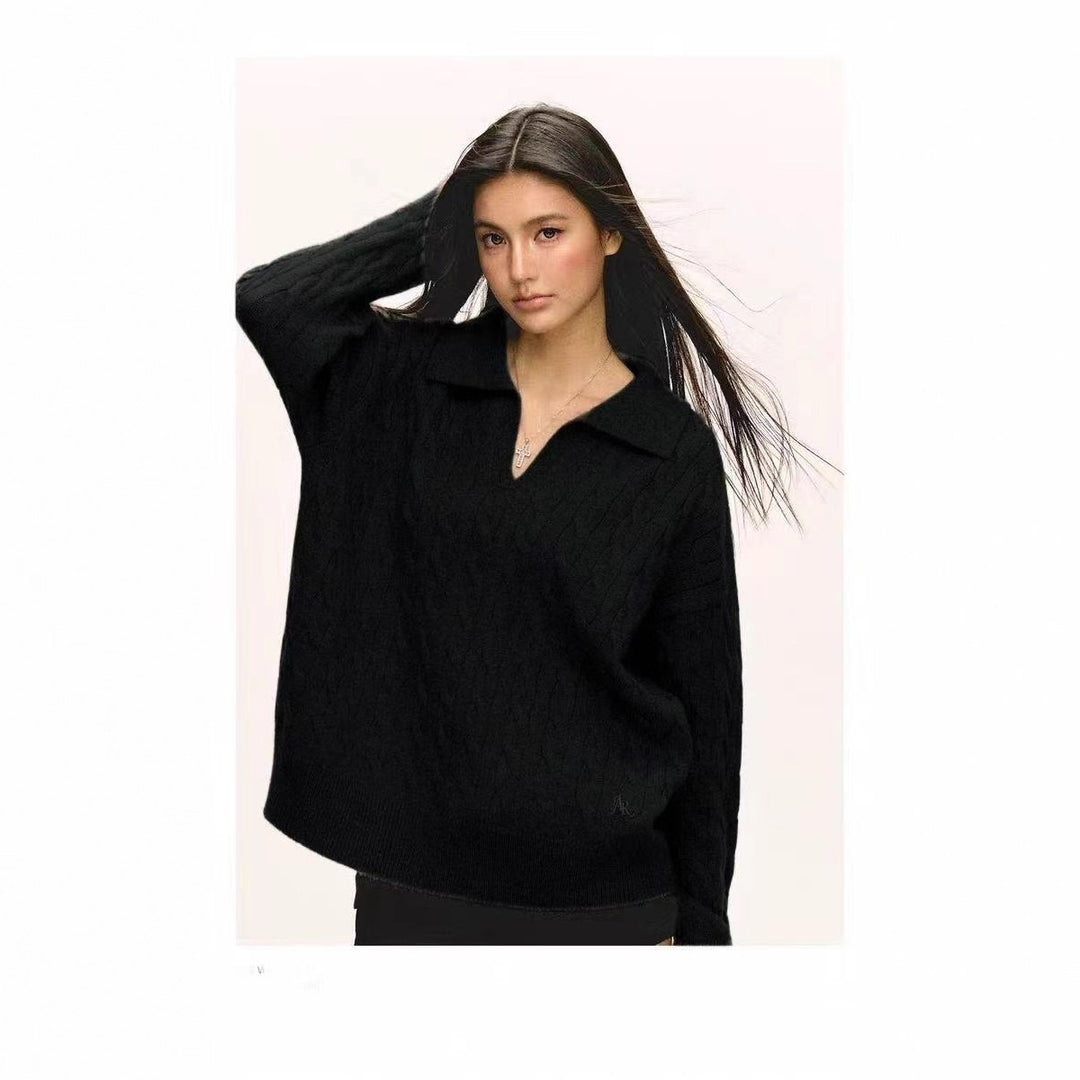 Damen Grob gestrickter Pullover mit V-Ausschnitt und Kragen R&B