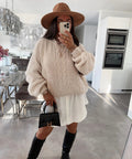 Damen Grobstrickpullover mit voluminösen Ärmeln und romantischem Zopfdesign R&B