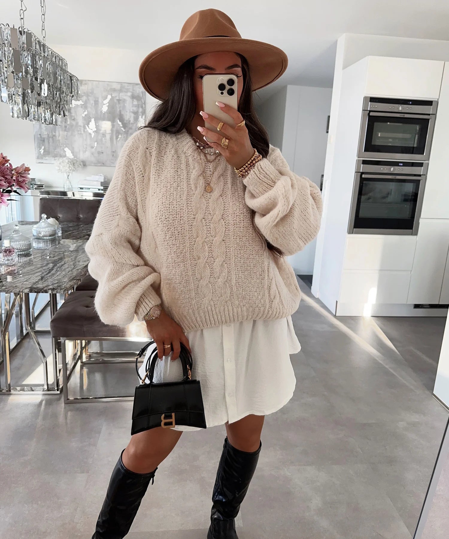 Damen Grobstrickpullover mit voluminösen Ärmeln und romantischem Zopfdesign R&B
