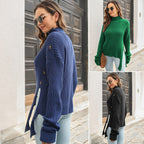 Damen Grobstrickpullover mit hochgeschlossenem Hals und dekorativen Knopfdetails R&B