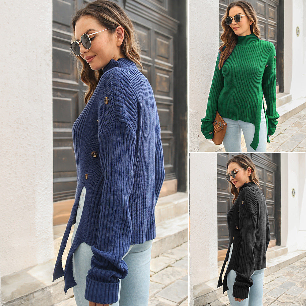 Damen Grobstrickpullover mit hochgeschlossenem Hals und dekorativen Knopfdetails R&B