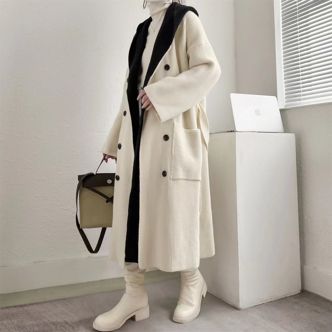 Damen Eleganter langer Mantel mit Gürtel und kontrastierenden Ärmeln R&B