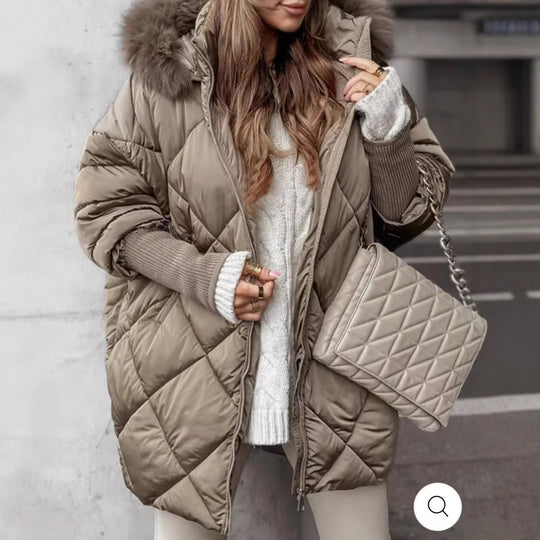 Damen Oversized Steppjacke mit abnehmbarem Kunstfellkragen R&B