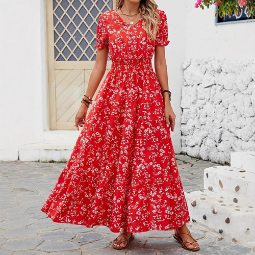 Damen Maxikleid mit V-Ausschnitt und gefertigtem Gummizug R&B