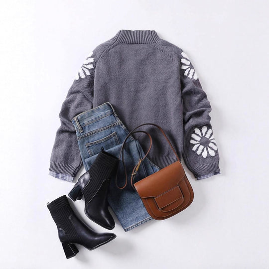 Damen Strickpullover mit floralem Motiv und modernem Rundhalsausschnitt R&B