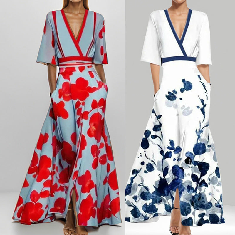 R&B | Elegantes V-Ausschnitt Bedrucktes Taillenkleid mit Schößchen