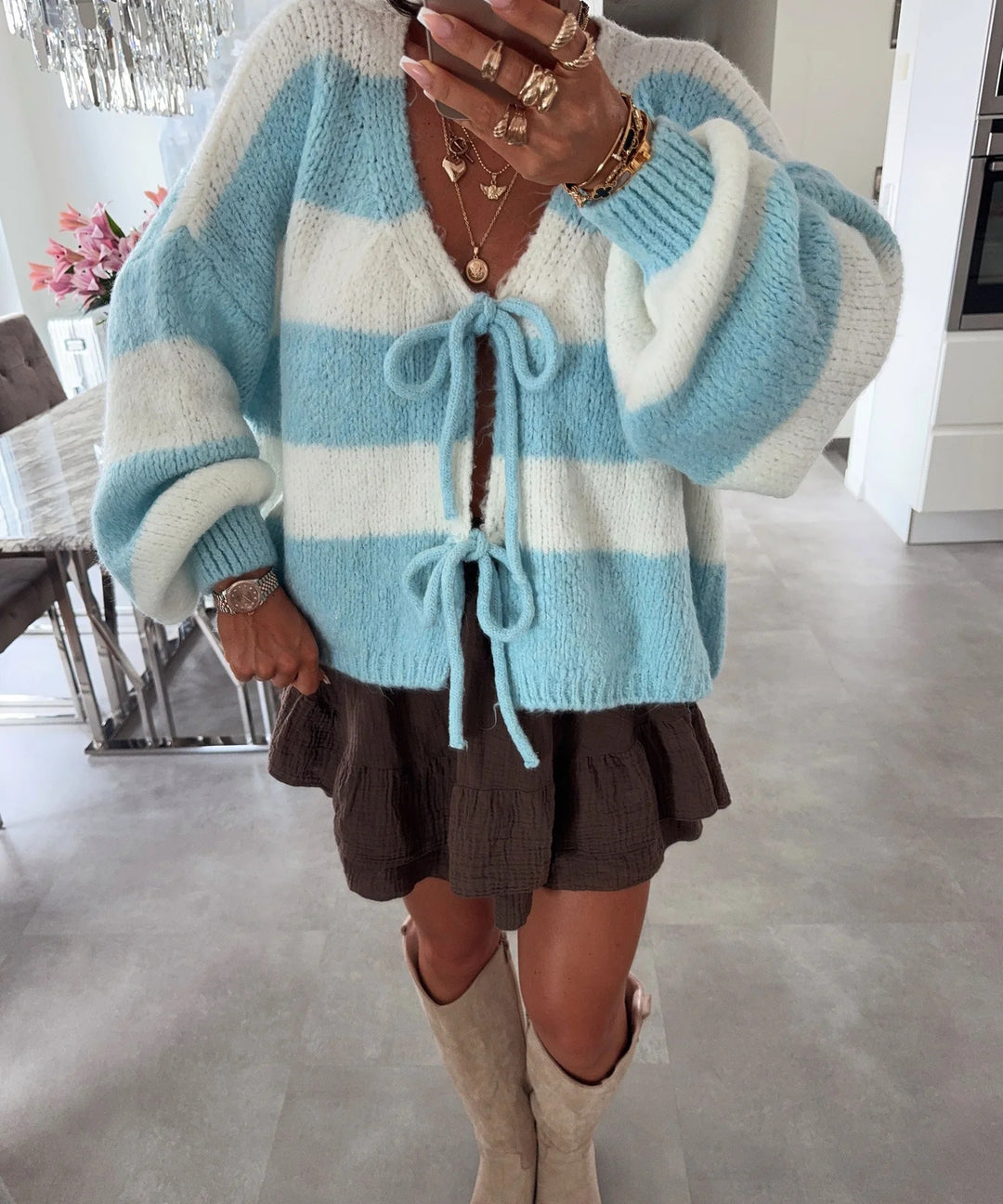 Damen lockere Strickjacke mit breiten Streifen und Bindegürtel R&B