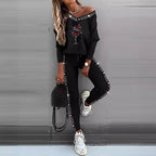 Damen Trendiges Freizeit-Outfit mit Off-Shoulder Oberteil und dekorativen Steinchen R&B