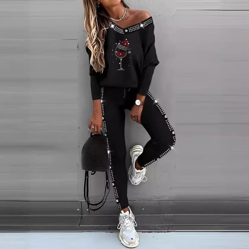 Damen Trendiges Freizeit-Outfit mit Off-Shoulder Oberteil und dekorativen Steinchen R&B