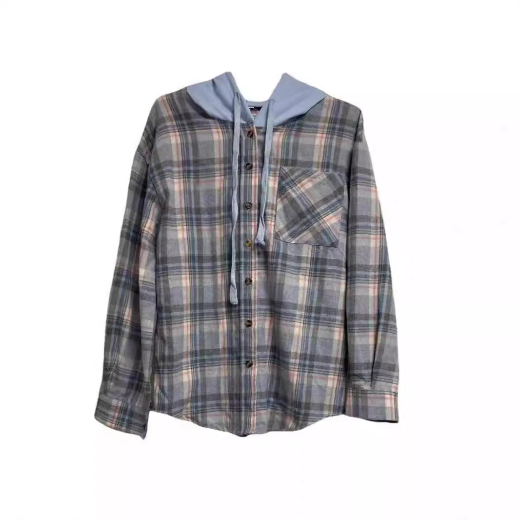 Damen nostalgische Karobluse mit Kapuze und Knopfverschluss R&B