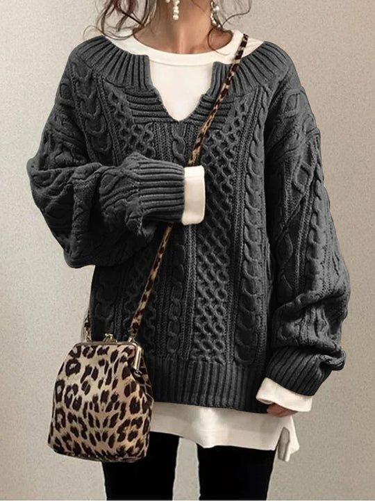 Damen Grobstrickpullover mit V-Ausschnitt und modischem Zopfdesign R&B