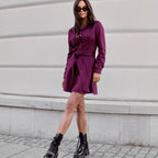Damen elegantes Hemdblusenkleid mit Taillengürtel und dekorativen Knopfdetails R&B