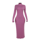 Damen Langarm Maxikleid mit elegantem Stehkragen und figurbetontem Schnitt EB