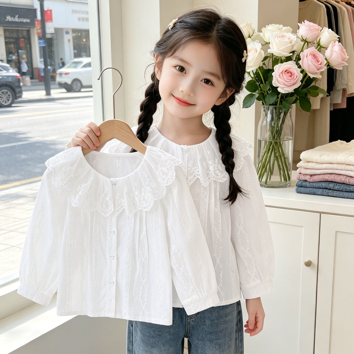 Mädchen Bluse mit romantischem Spitzenkragen und filigranem Design R&B