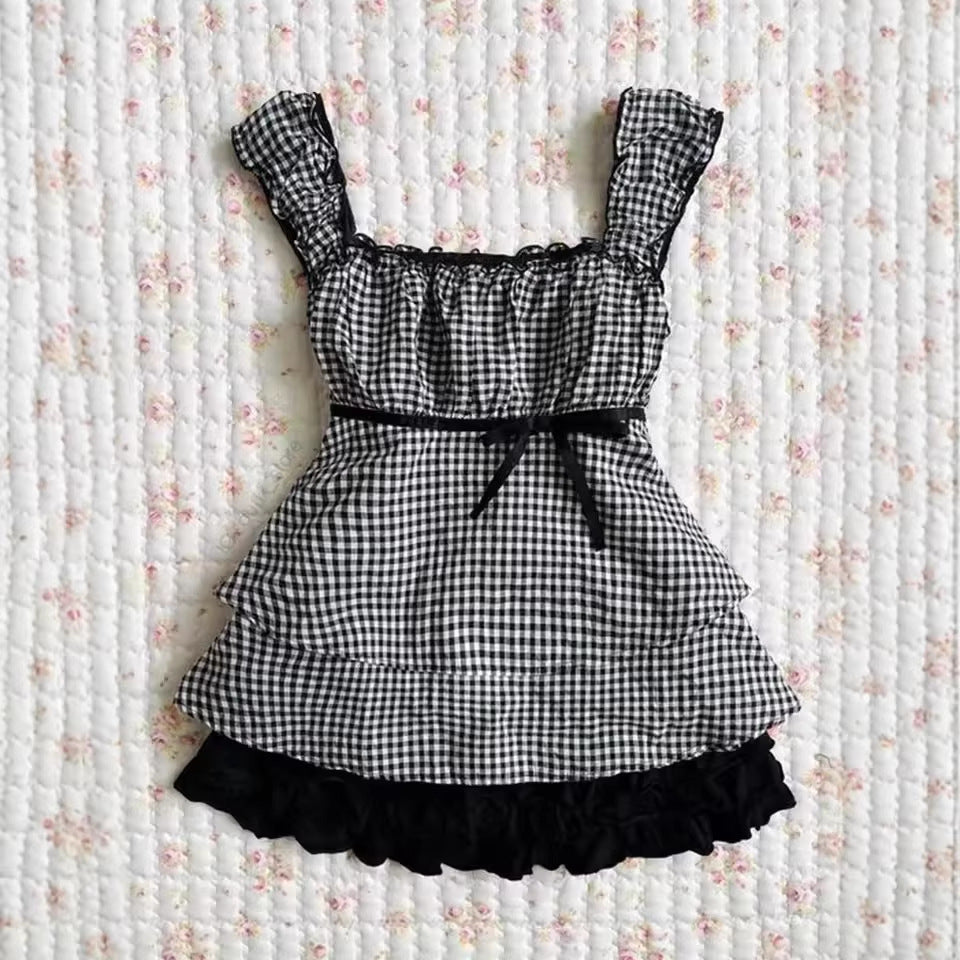 Damen Rüschenshirt mit Gingham-Muster und elastischen Trägern R&B