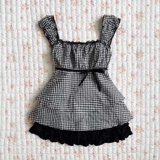 Damen Rüschenshirt mit Gingham-Muster und elastischen Trägern R&B