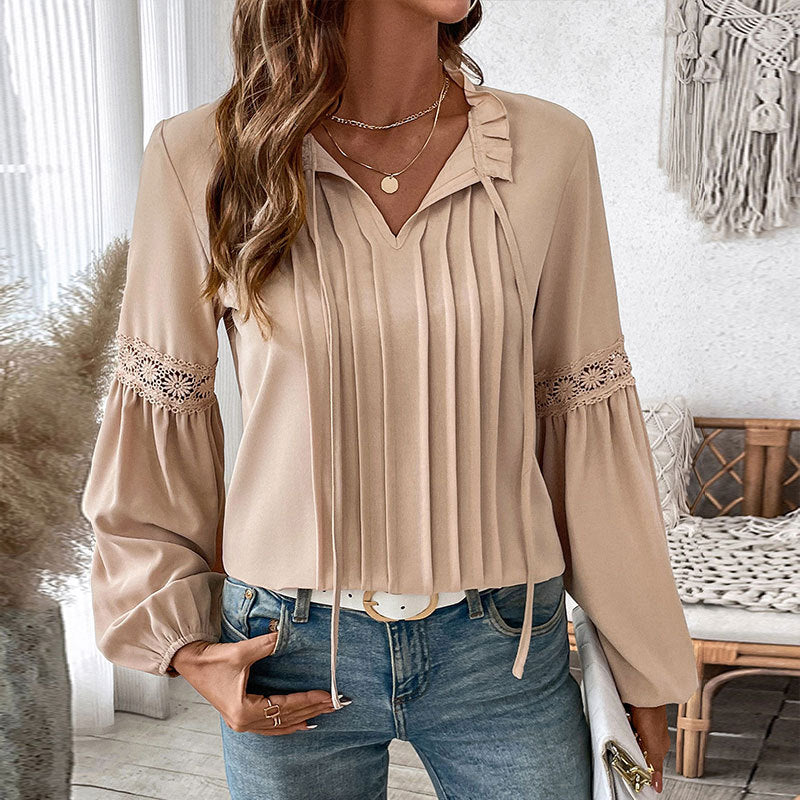 Damen Bluse mit feinen Falten und Spitze R&B