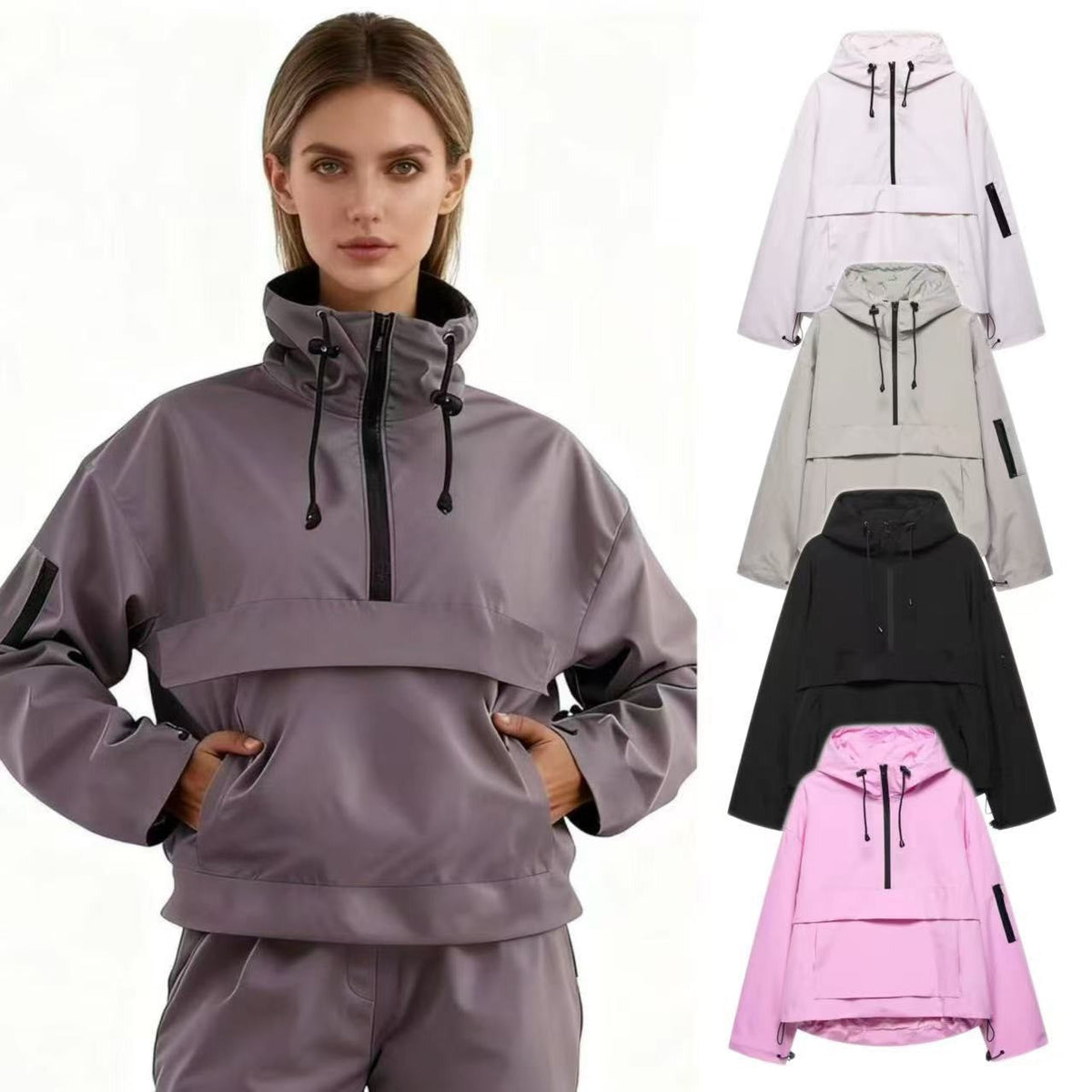 Damen nan winddichter Oversize Anorak mit Halbzip, Kängurutasche und verstellbarer Kapuze R&B