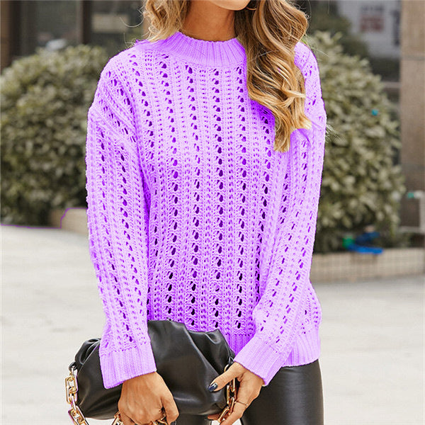 Damen luftiger Strickpullover mit Lochmuster und modernem Stehkragen R&B