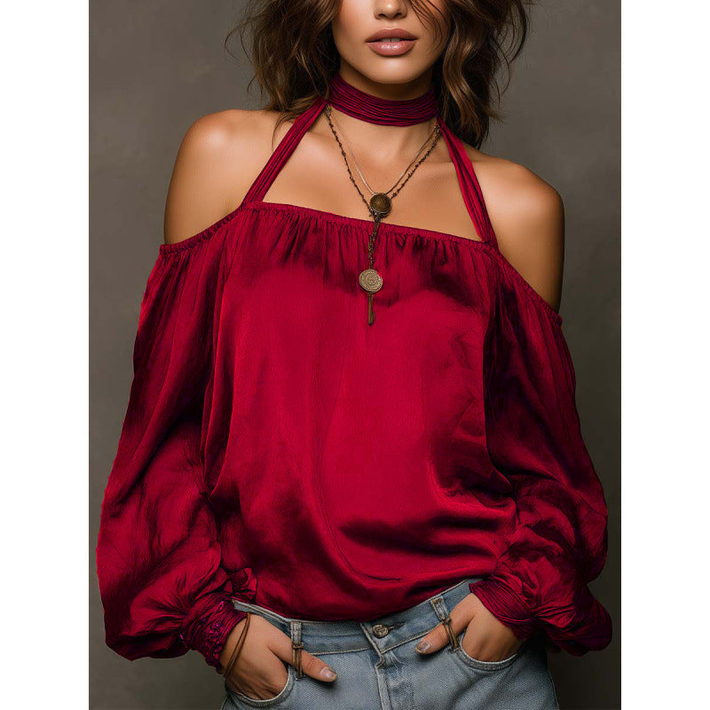 Damen Off-Shoulder Bluse mit voluminösen Ärmeln und Choker R&B