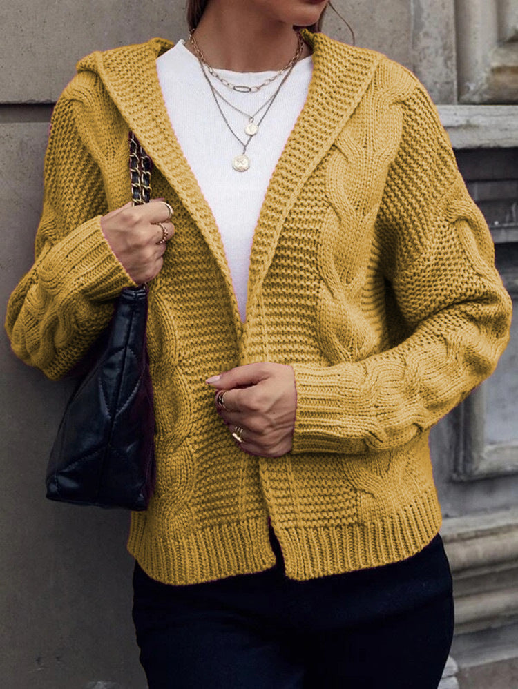 Damen Strickjacke mit Kapuze und dekorativem Kabelmuster R&B