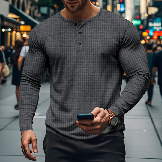 Herren nan figurbetontes Langarmshirt mit Rundhals-Knopfleiste und Waffelstruktur R&B