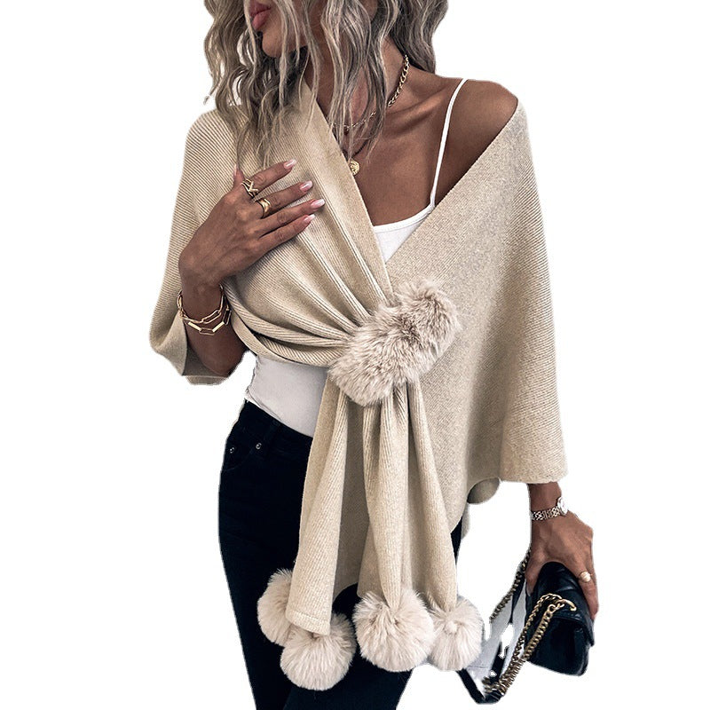 Damen eleganter Poncho mit luxuriösem Kunstfellbesatz R&B