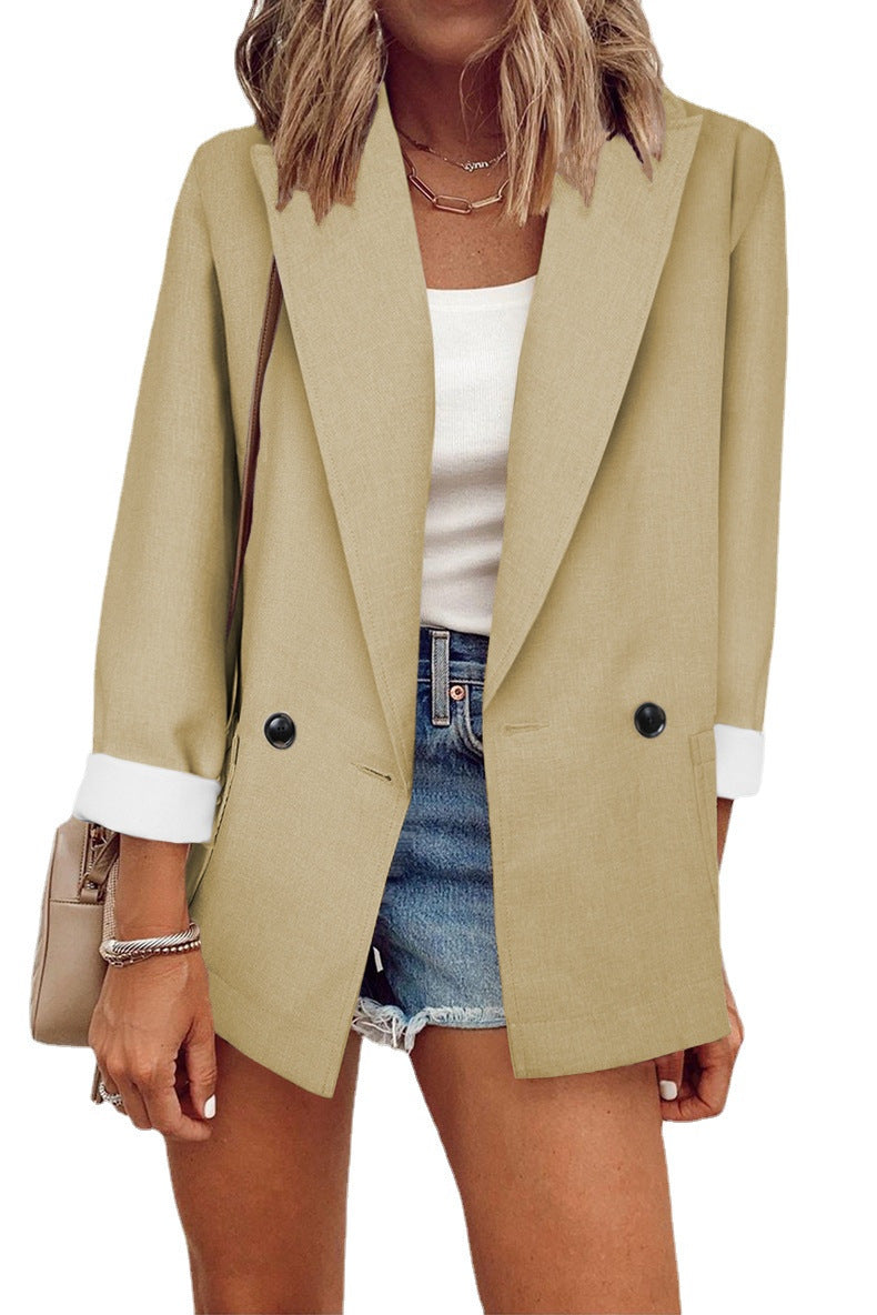 Damen modischer Oversized-Blazer im schlichten Design mit eleganten Knopfdetails R&B