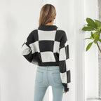 Damen Oversized Strickpullover mit modernen Karomuster und hohem Kragen R&B