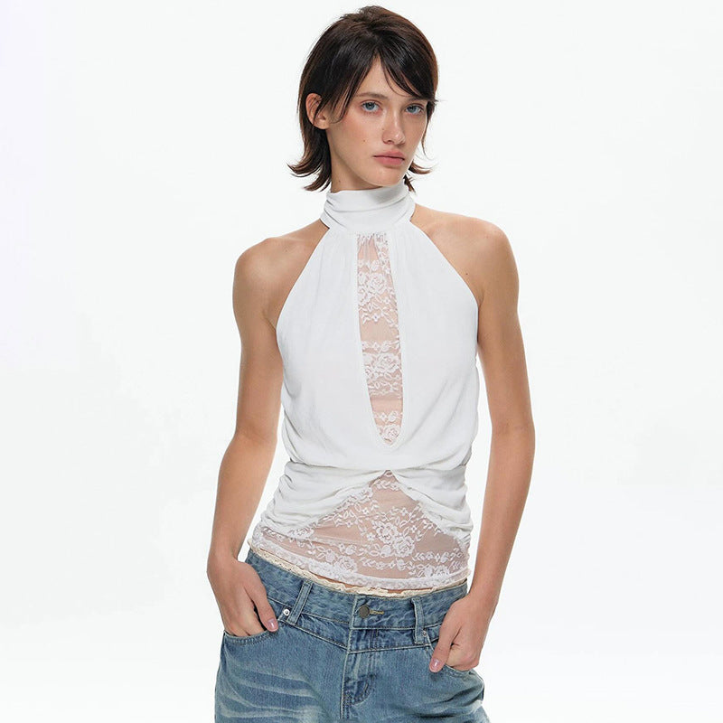 Damen elegantes Neckholder-Top mit transparenten Einsätzen und Raffung R&B