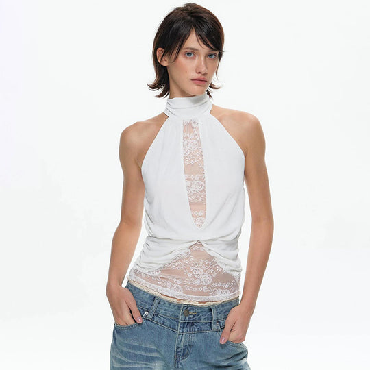 Damen elegantes Neckholder-Top mit transparenten Einsätzen und Raffung R&B
