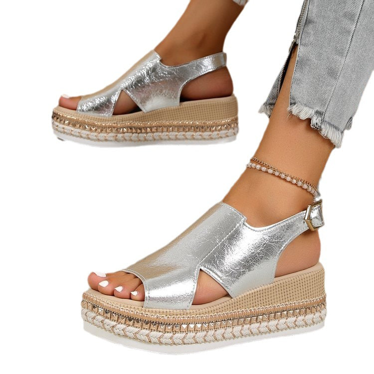Damen elegante Keil-Sandalen mit offenen Zehen und Riemen R&B